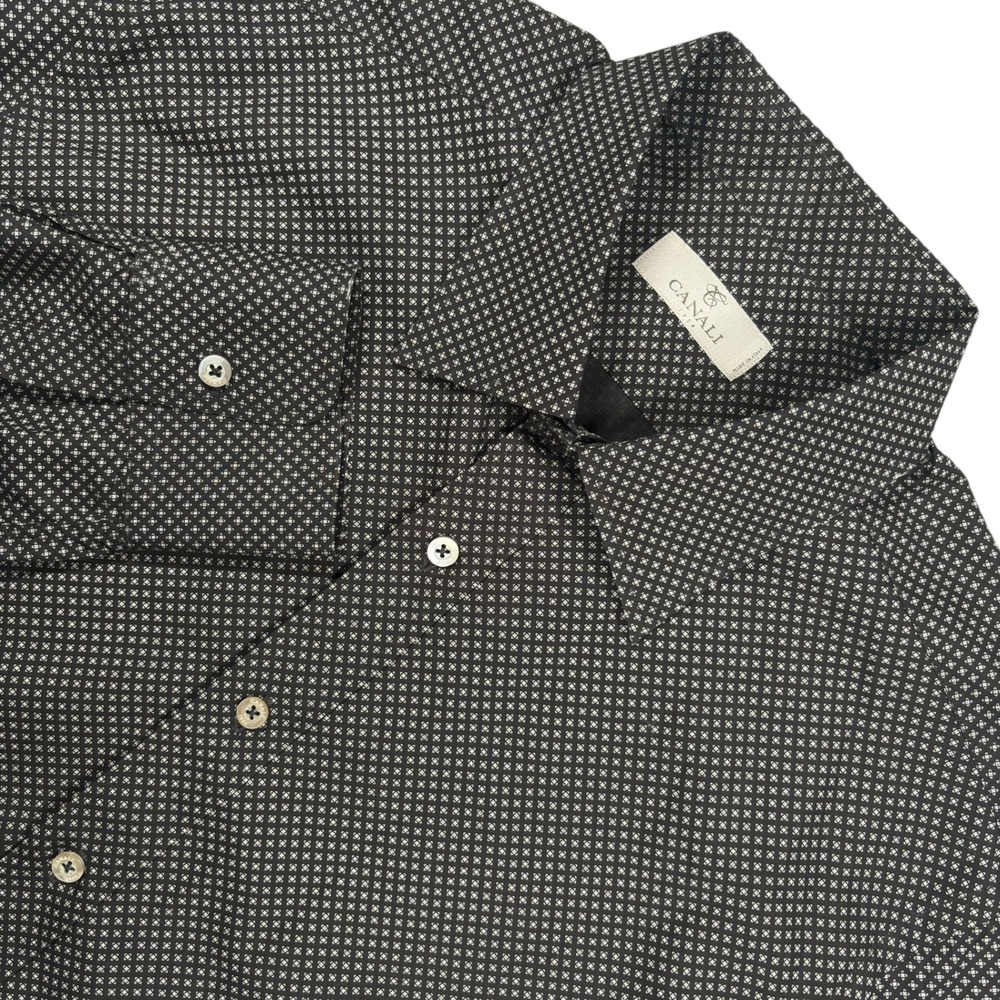 Canali Button Down Shirt Mens XL Black Geometric Print Cotton Long Sleeve‎ Italy